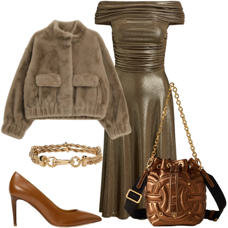 Outfit donna - Gold. Stile Chic per Cerimonia. Abbinamento con blazer, borse a secchiello, vestiti, décolleté, braccialetti.