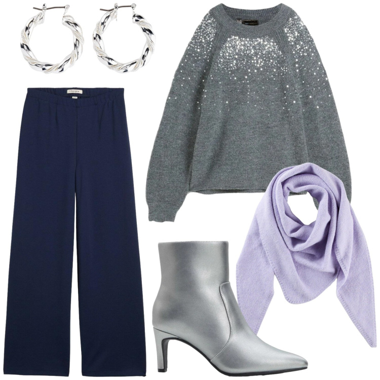 Outfit donna - Total look #2299605. Stile Casual chic per Serata fuori. Abbinamento con orecchini, foulard, pantaloni, stivaletti, maglieria.