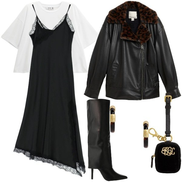 Outfit donna - Gift of style. Stile Glamour per Serata fuori. Abbinamento con bomber, t-shirt, vestiti asimmetrici, stivali, orecchini, pochette.