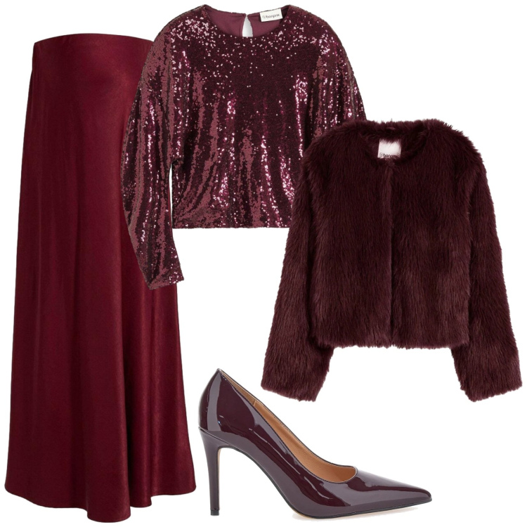 Outfit donna - Natale in bordeaux. Stile Chic per Serata fuori. Abbinamento con bluse, gonne, ecopellicce, décolleté.