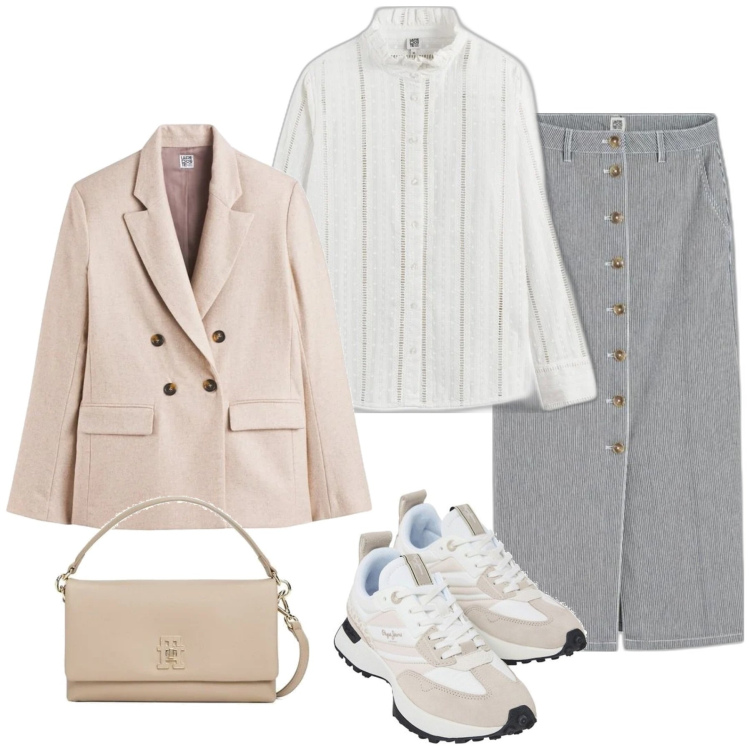 Outfit mujer - Sporty chic #3976. Estilo Sporty chic para Oficina. Combinación con minifaldas, sneakers, blazers, camisas, bandoleras.