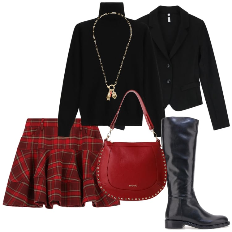Outfit donna - Quadretti scozzesi per le festività. Stile Preppy per Serata fuori. Abbinamento con maglieria, borse a spalla, blazer, minigonne, ciondoli, stivali.