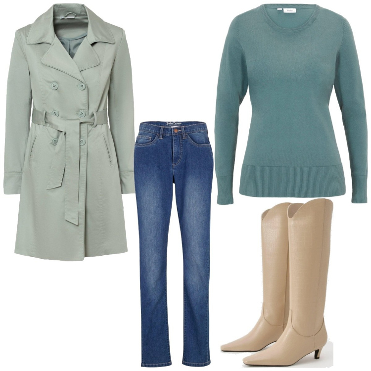 Outfit femme - Basique #6497. Style Basique pour Tous les jours. Assortir avec jean coupe droite, pulls, imperméable, bottes.