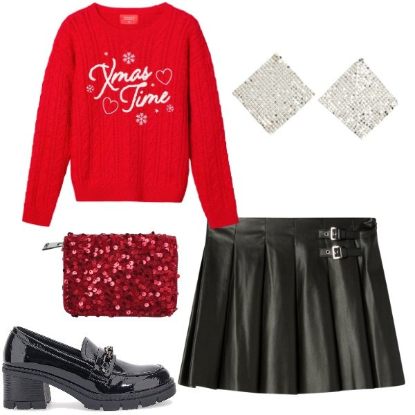 Outfit donna - Terranova - Xmas Edition 2025. Stile Preppy per Tutti i giorni. Abbinamento con orecchini, minigonne, portafogli, maglieria, mocassini.