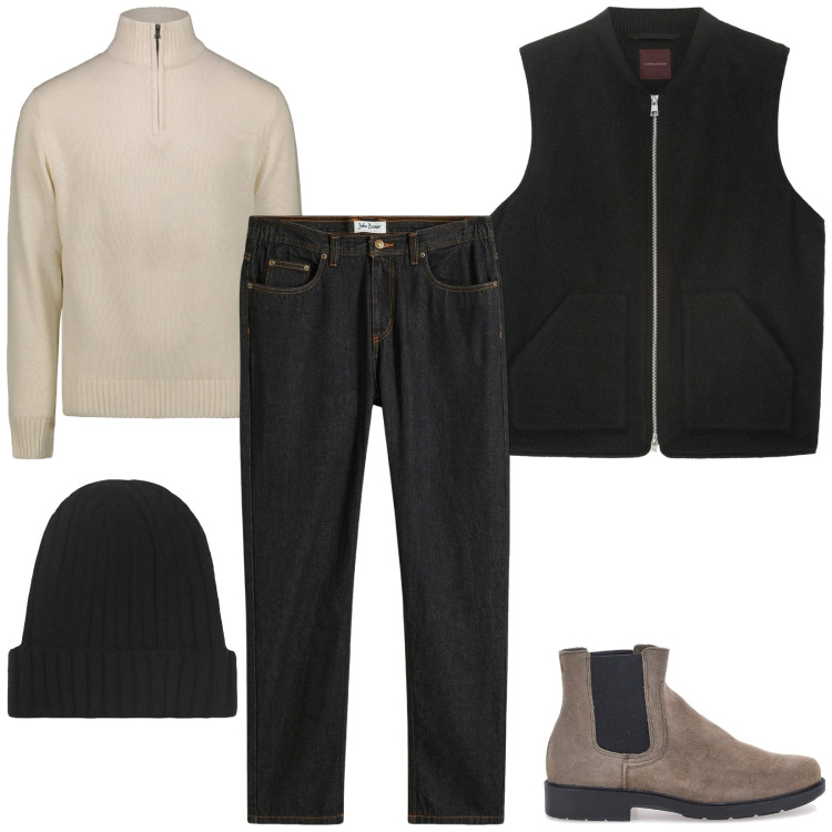 Outfit uomo - Total look #2299640. Stile Casual per Tutti i giorni. Abbinamento con jeans dritti, stivali e stivaletti, piumini, maglieria, berretti.