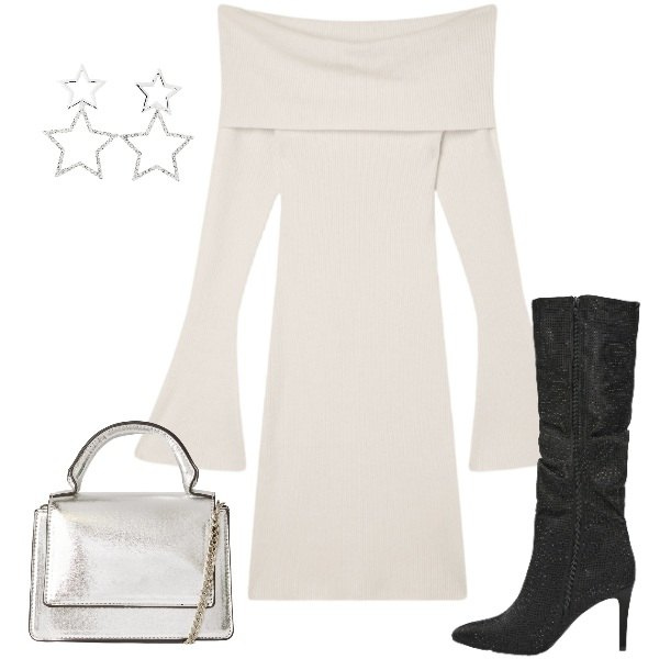 Outfit donna - Terranova - Xmas Edition 2025. Stile Glamour per Serata fuori. Abbinamento con orecchini, borse a tracolla, vestiti corti, stivali.