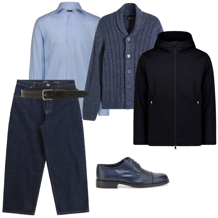 Outfit uomo - In ufficio con il denim. per Ufficio. Abbinamento con cardigans, jeans, cinture, parka, camicie, scarpe stringate.