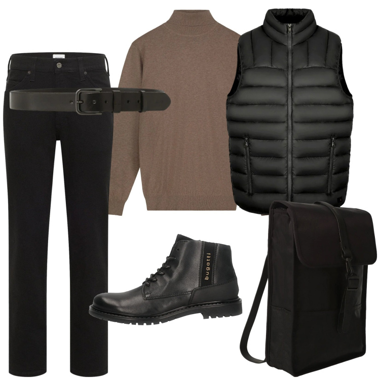 Outfit uomo - Urban. per Tutti i giorni. Abbinamento con jeans dritti, borse sportive, cinture, piumini, maglieria, stivali e stivaletti.