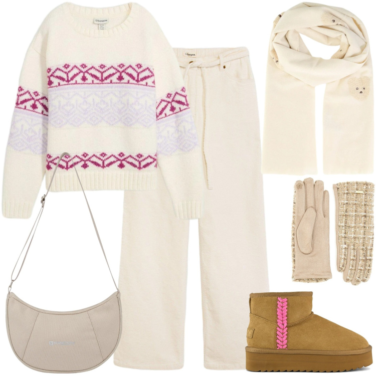 Outfit donna - Maglione morbido, cuore caldo. Stile Casual chic per Tutti i giorni. Abbinamento con pantaloni, maglieria, sciarpe, borse a spalla, stivaletti, guanti.