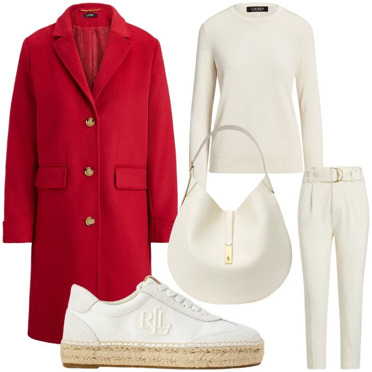 Outfit donna - Bianco e rosso. Stile Sporty chic per Ufficio. Abbinamento con maglieria, borse a spalla, cappotti, sneakers, pantaloni.