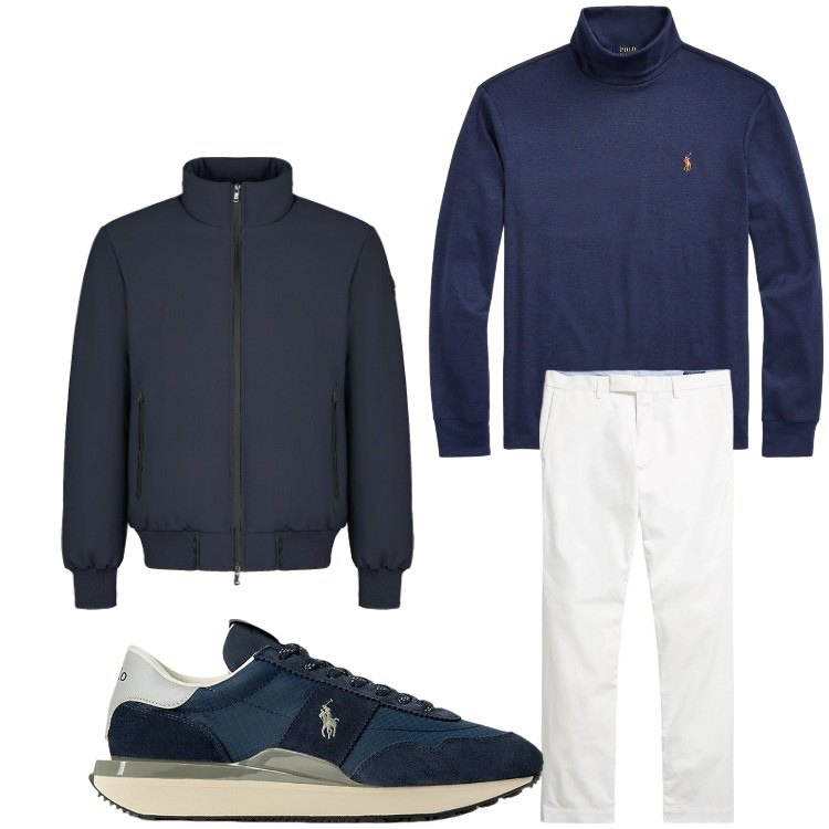 Outfit uomo - Inverno in biancoblu. Stile Casual per Tutti i giorni. Abbinamento con maglieria, pantaloni chino, sneakers, giacche.