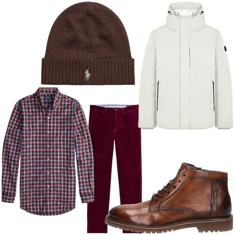 Outfit uomo - Quadretti in inverno. Stile Casual per Tutti i giorni. Abbinamento con parka, pantaloni, camicie, berretti, stivali e stivaletti.