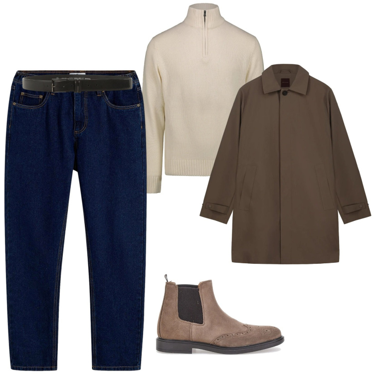 Outfit uomo - Urban. per Tutti i giorni. Abbinamento con jeans dritti, cinture, stivali e stivaletti, trench, maglieria.