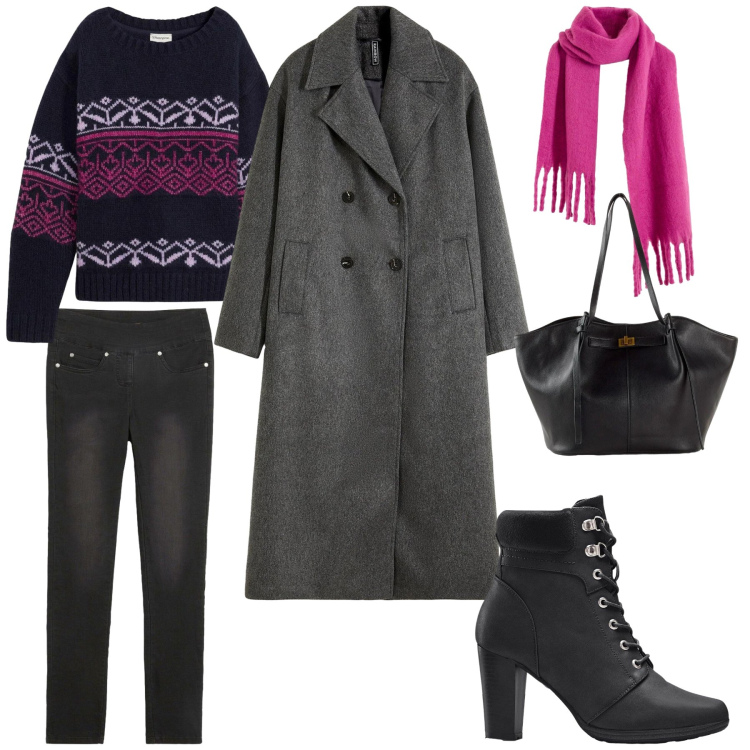 Outfit donna - Voglio stare comoda. Stile Urban per Tutti i giorni. Abbinamento con stivaletti, jeans dritti, sciarpe, maglieria, shopping bag, cappotti.