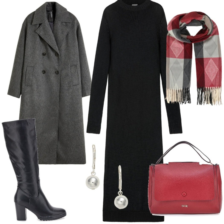Outfit donna - Total look #2299677. Stile Casual chic per Tutti i giorni. look ideale per Tall. Abbinamento con cappotti, sciarpe, orecchini, vestiti lunghi, stivali sopra il ginocchio, borse a tracolla.