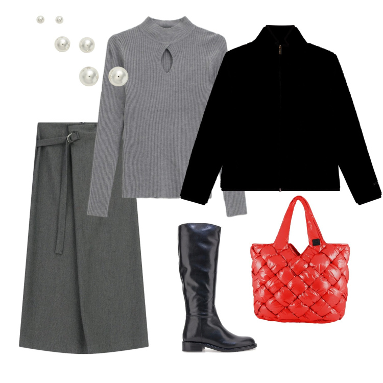 Outfit donna - Shopping natalizio con borsa rossa.. Stile Casual per Tutti i giorni. Abbinamento con maglieria, gonne lunghe, bomber, orecchini, borse tote, stivali.