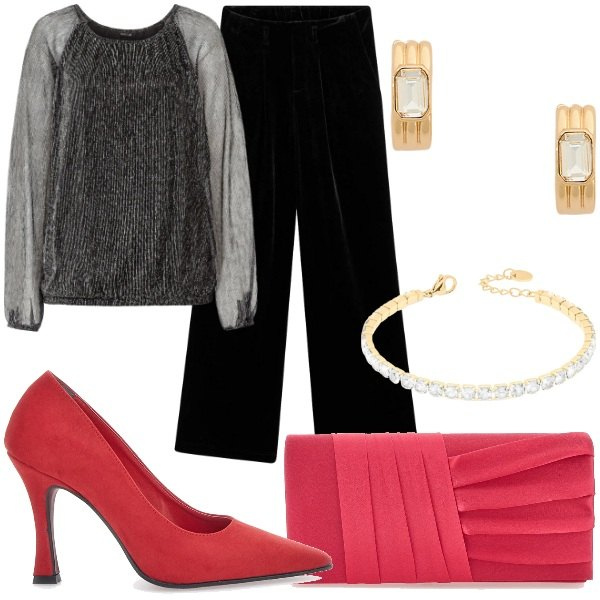 Outfit donna - Gift of style. Stile Casual chic per Serata fuori. Abbinamento con maglieria, pantaloni, braccialetti, orecchini, décolleté, pochette.