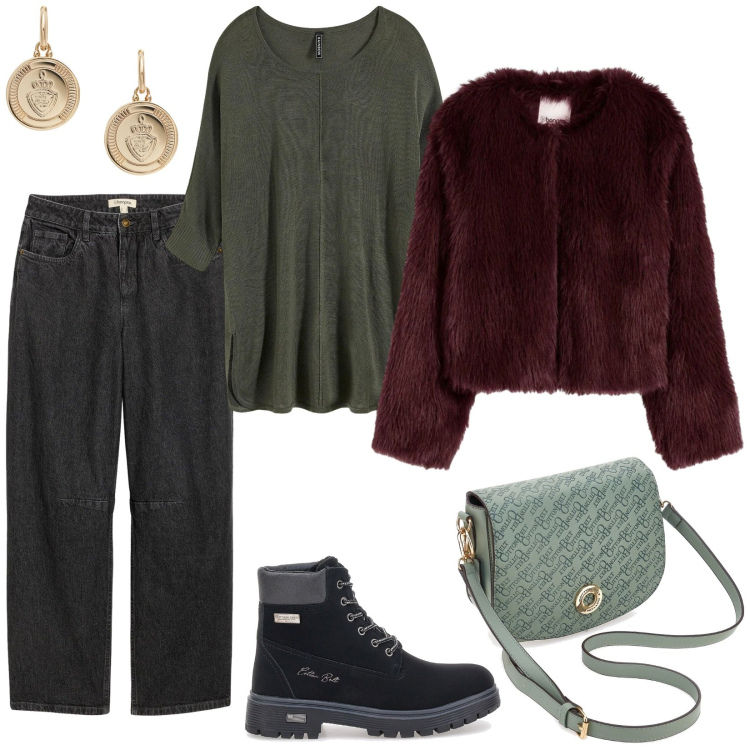Outfit donna - Verde canna. Stile Casual chic per Tutti i giorni. Abbinamento con jeans, ecopellicce, maglieria, orecchini, borse a tracolla, anfibi.
