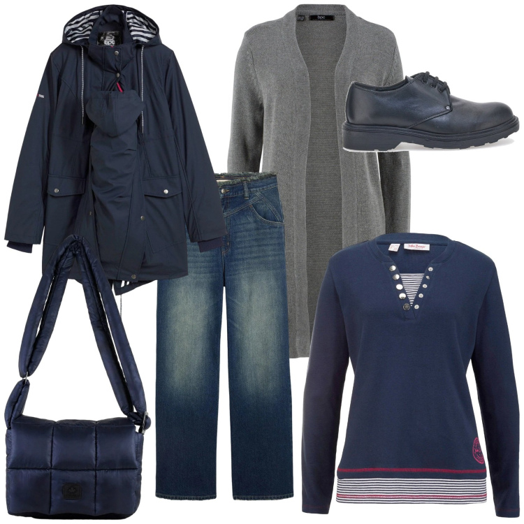 Outfit donna - Sorto la pioggia. Stile Casual per Tutti i giorni. Abbinamento con jeans dritti, blazer, maglieria, cardigans, borse a spalla, scarpe stringate.