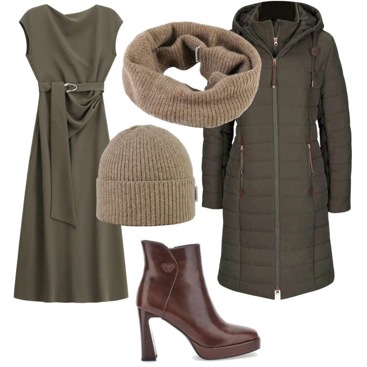 Outfit donna - Verde e Marrone. Stile Bon Ton per Tutti i giorni. Abbinamento con blazer, vestiti lunghi, berretti, scaldacollo, stivaletti.
