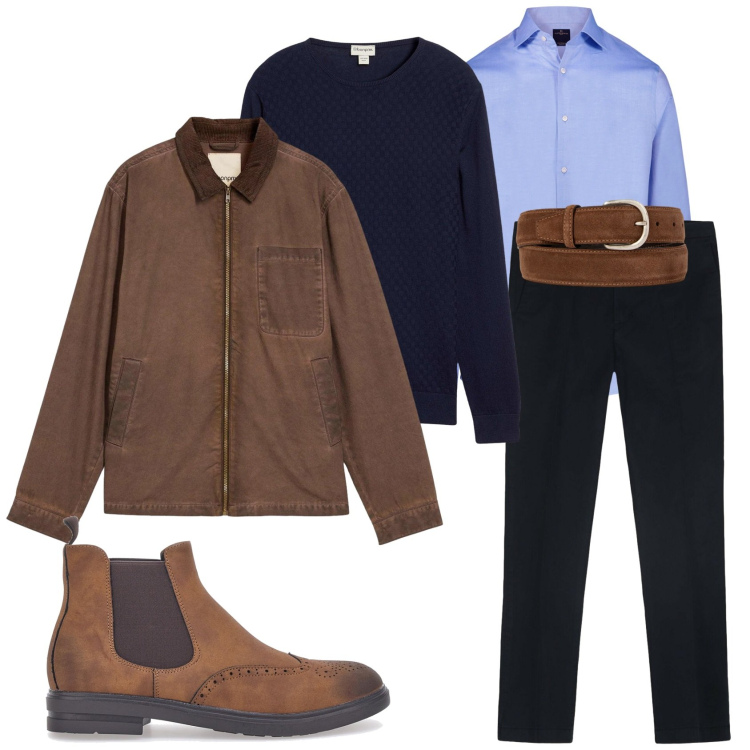 Outfit uomo - Total look #2299694. Stile Casual per Tutti i giorni. Abbinamento con giacche, maglieria, camicie, cinture, stivali e stivaletti, pantaloni.