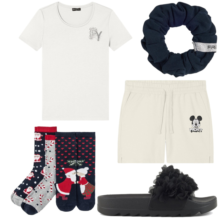 Outfit donna - A casa al calduccio. Stile Basic per Tutti i giorni. Abbinamento con calzini, accessori per capelli, t-shirt, pantaloni corti, ciabatte.