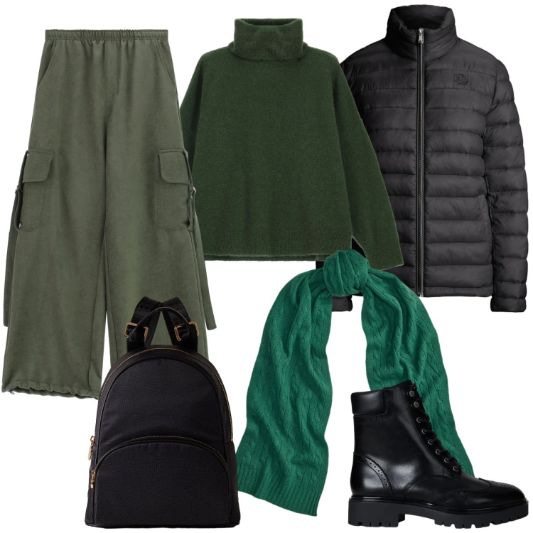 Outfit donna - Verde in stile militare. Stile Military per Tutti i giorni. Abbinamento con maglieria, pantaloni a palazzo, zaini, anfibi, sciarpe, bomber.