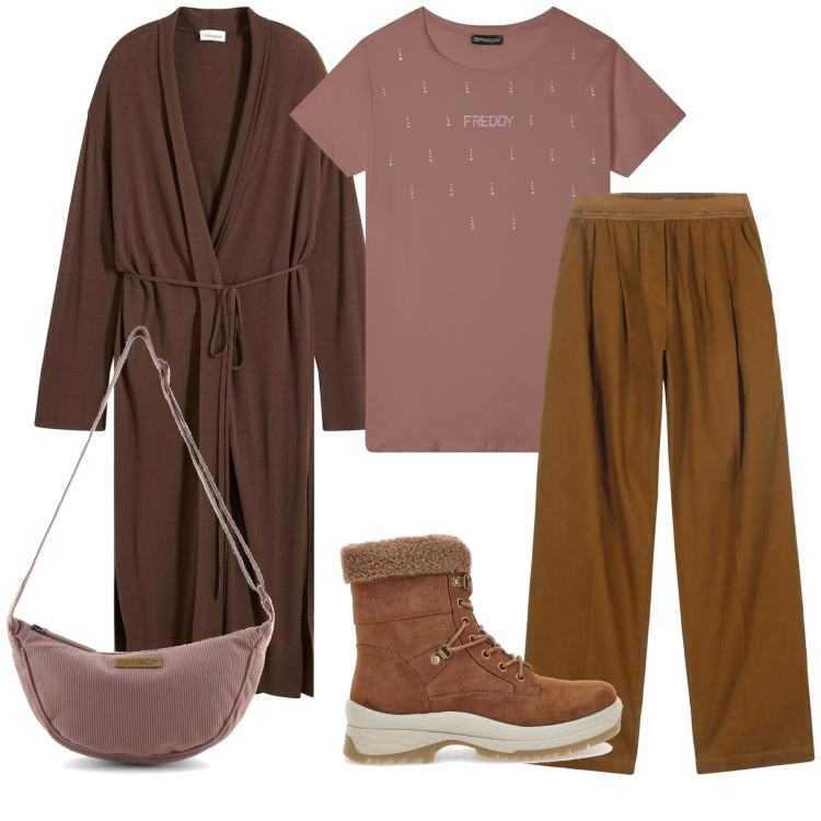 Outfit donna - Sfumature. Stile Trendy per Tutti i giorni. Abbinamento con cappotti, t-shirt, pantaloni, stivaletti, borse a tracolla.