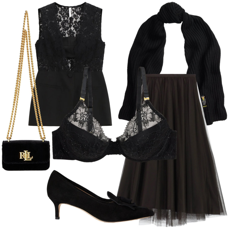 Outfit donna - Pizzo e tulle. Stile Chic per Serata fuori. Abbinamento con gilet, gonne lunghe, foulard, pochette, reggiseni, décolleté.