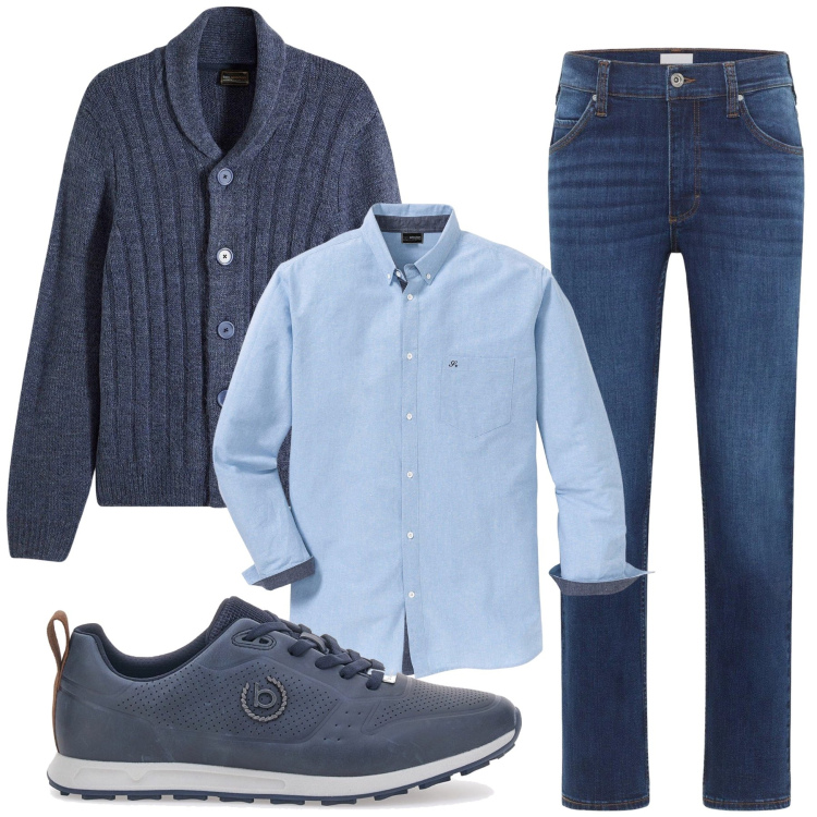 Outfit uomo - Total look #2299703. Stile Casual per Tutti i giorni. Abbinamento con camicie, jeans dritti, cardigans, sneakers.