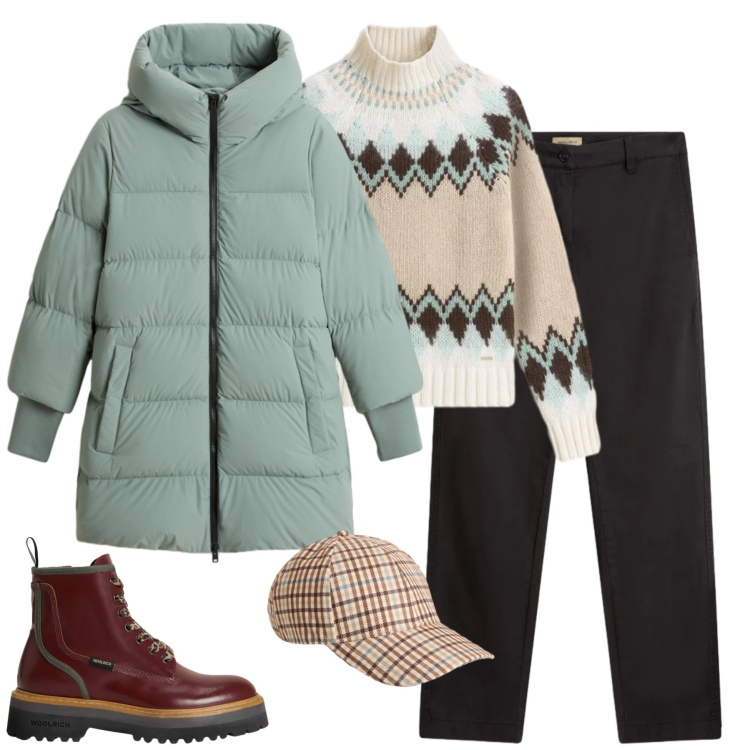 Outfit donna - Woolrich style. Stile Casual chic per Tutti i giorni. Abbinamento con piumini, pantaloni, cappelli, maglieria, anfibi.