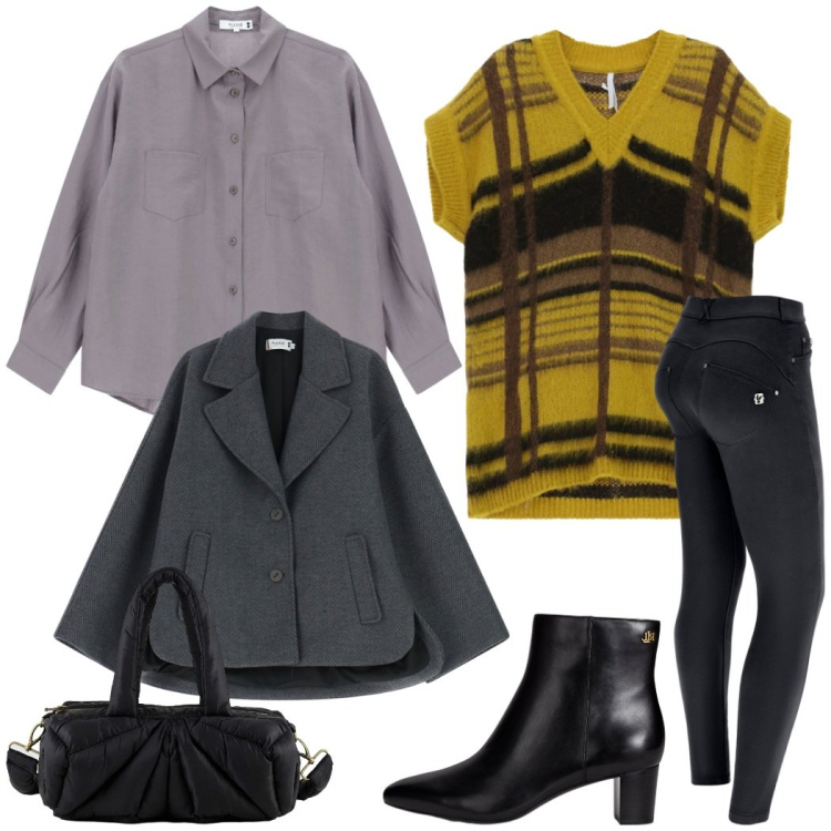 Outfit donna - Dicembre in ufficio. Stile Casual chic per Ufficio. Abbinamento con camicie, blazer, maglieria, pantaloni skinny, stivaletti, borse a mano.