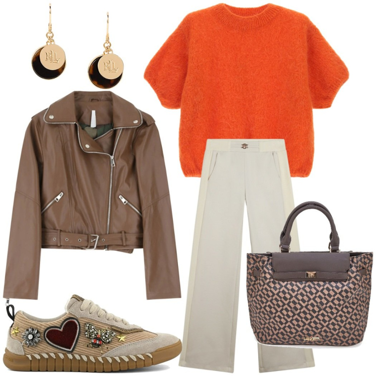 Outfit donna - Total look #2299710. Stile Casual chic per Tutti i giorni. Abbinamento con giacche, maglieria, pantaloni, orecchini, sneakers, borse a mano.