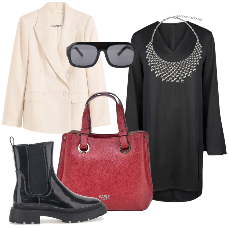 Outfit donna - La collana d\'effetto. Stile Minimal per Ufficio. Abbinamento con blazer, collane, occhiali da sole, vestiti a tubino, anfibi, borse a mano.