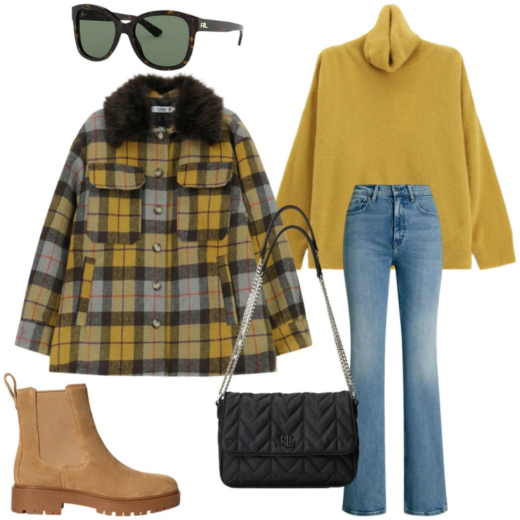 Outfit donna - Giornata libera. Stile Casual chic per Tutti i giorni. Abbinamento con cappotti, maglieria, occhiali da sole, jeans bootcut, stivaletti chelsea, borse a tracolla.