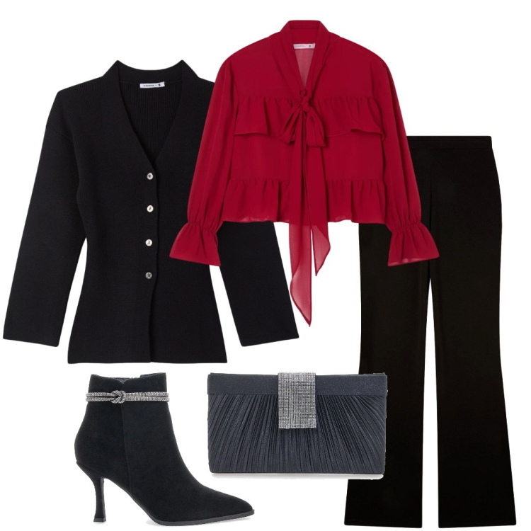 Outfit donna - Xmas Terranova. Stile Chic per Serata fuori. Abbinamento con pantaloni, camicie, cardigans, stivaletti, pochette.