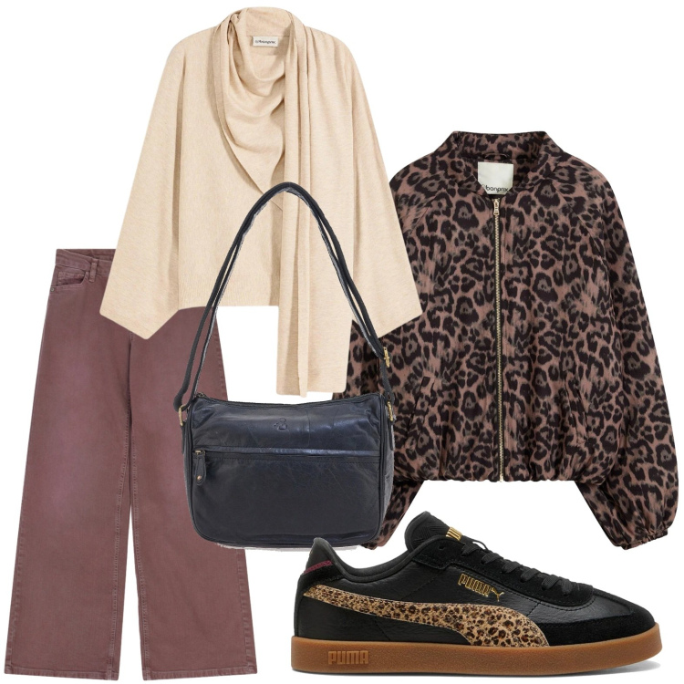 Outfit donna - Apericena con bomber. Stile Casual per Tutti i giorni. Abbinamento con maglieria, bomber, pantaloni a palazzo, sneakers, borse a tracolla.