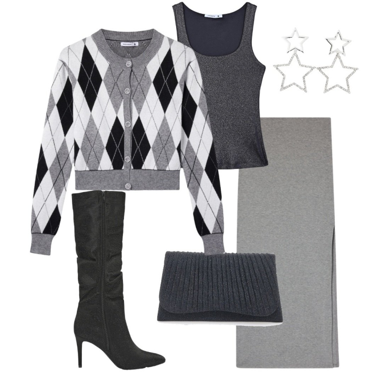 Outfit donna - Xmas Terranova. Stile Chic per Serata fuori. Abbinamento con gonne lunghe, cardigans, top, stivali, orecchini, clutch.