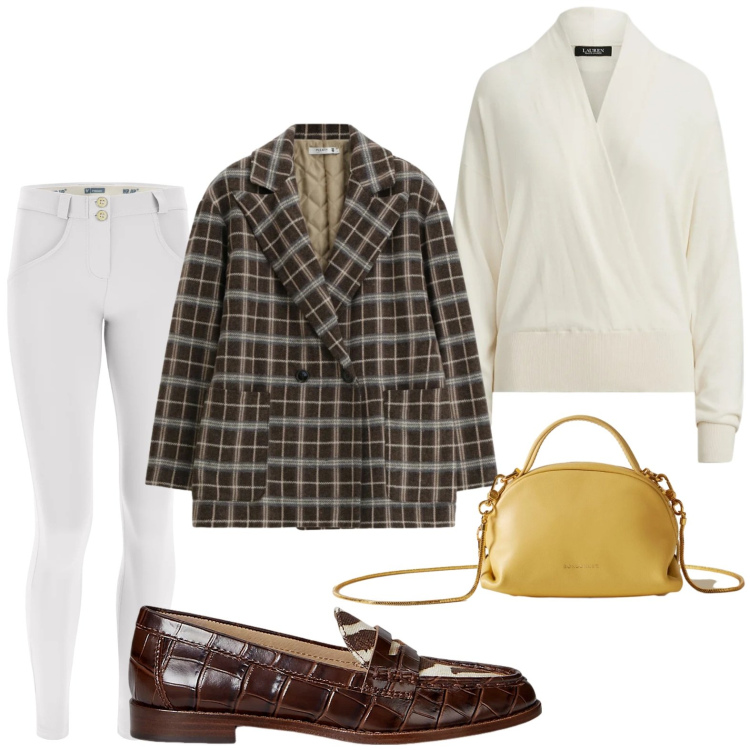 Outfit donna - Il blazer chic. Stile Chic per Ufficio. Abbinamento con blazer, borse a mano, pantaloni skinny, mocassini, maglieria.