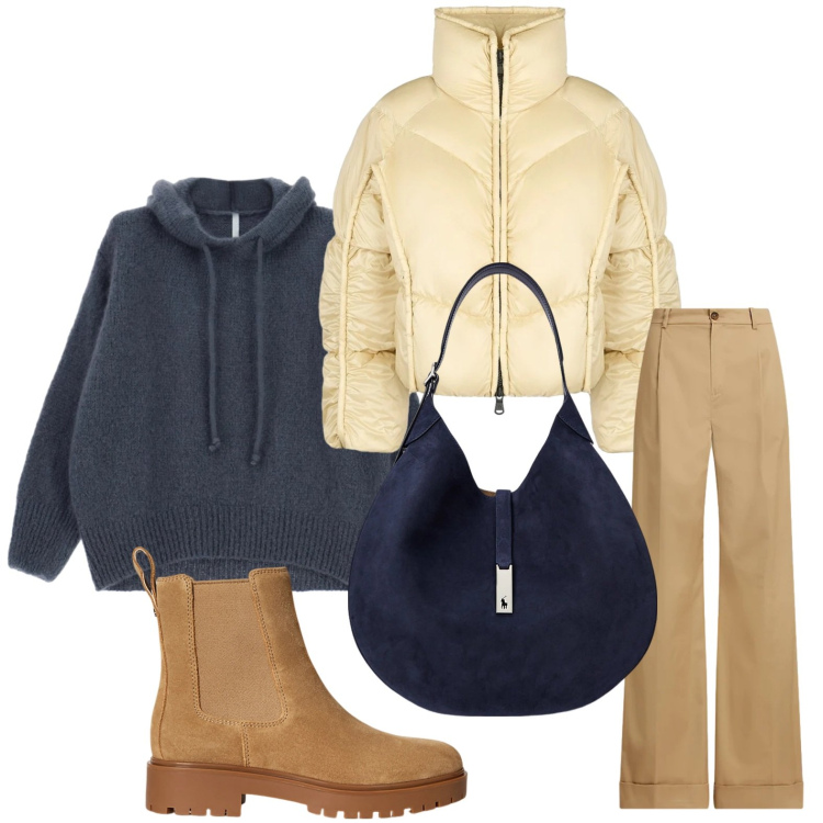 Outfit donna - Outfit urbano. Stile Urban per Tutti i giorni. Abbinamento con maglieria, borse a spalla, pantaloni, stivaletti chelsea, piumini.