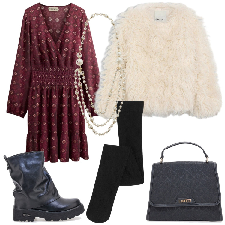 Outfit donna - Glamour a dicembre. Stile Glamour per Serata fuori. Abbinamento con vestiti corti, ecopellicce, collant, collane, borse a spalla, stivali.