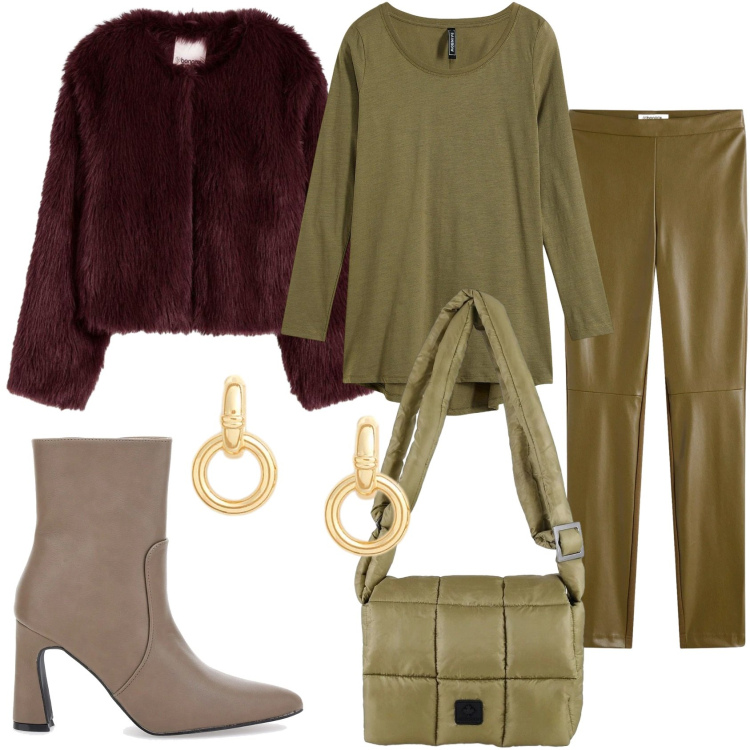 Outfit donna - Grazie mille per la giornata. Stile Glamour per Tutti i giorni. Abbinamento con pantaloni, maglieria, ecopellicce, orecchini, borse a spalla, stivaletti.