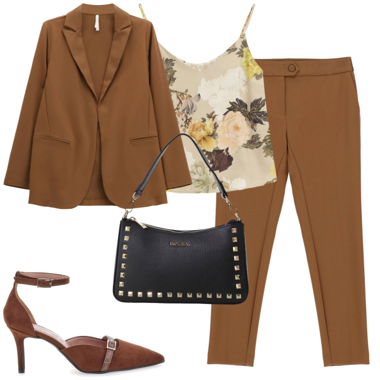 Outfit donna - Imperial. Stile Urban per Tutti i giorni. Abbinamento con top, pantaloni, blazer, pochette, décolleté.
