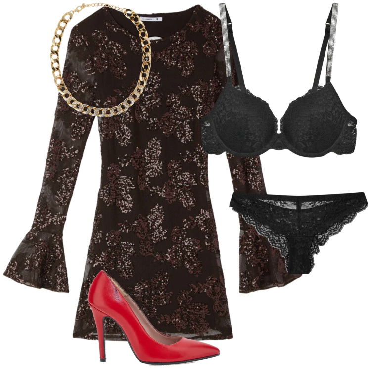 Outfit donna - Sexy party. Stile Sexy per Serata fuori. Abbinamento con perizomi, reggiseni a balconcino, collane, vestiti, décolleté.