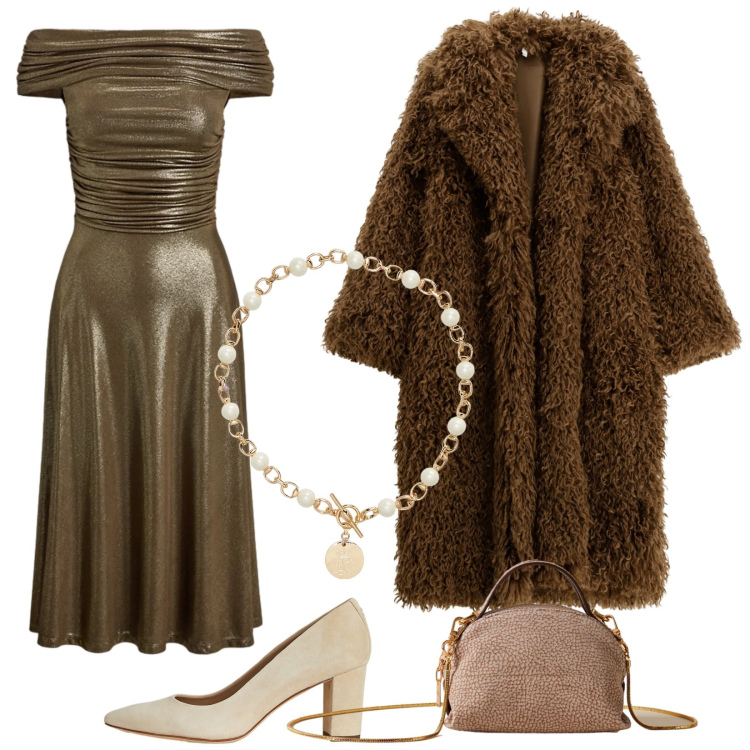 Outfit donna - Serata elegante. Stile Chic per Serata fuori. Abbinamento con cappotti, borse a mano, collane, décolleté, vestiti.