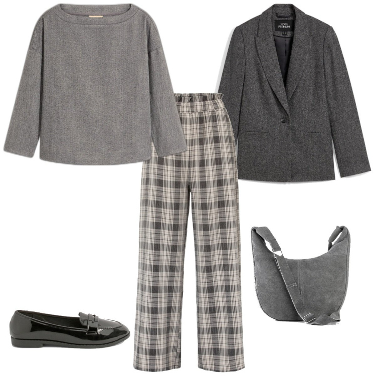 Outfit femme - Bureau gris. Style Bon Ton pour Bureau. Assortir avec pantalon , blazers, sacs à main, tuniques, mocassins.