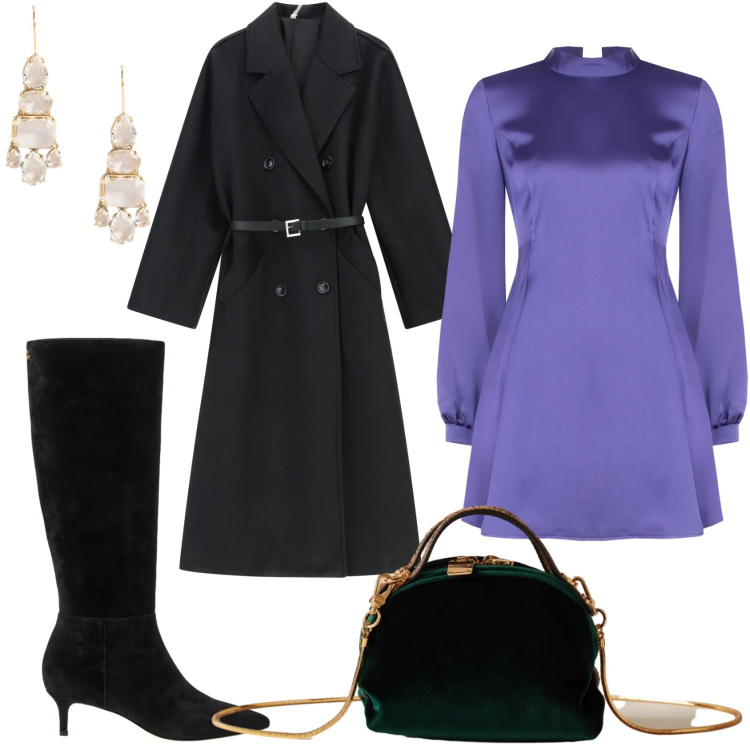 Outfit donna - Feste in allegria. Stile Glamour per Serata fuori. Abbinamento con vestiti corti, cappotti, borse a mano, orecchini, stivali.