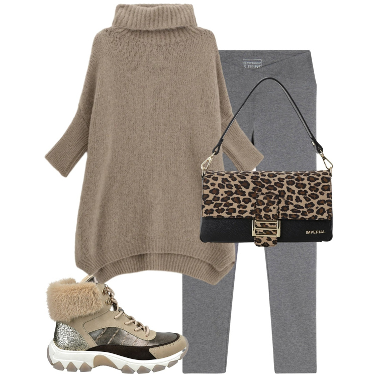 Outfit donna - City. Stile Casual chic per Tutti i giorni. Abbinamento con borse a spalla, maglieria, leggings, anfibi.