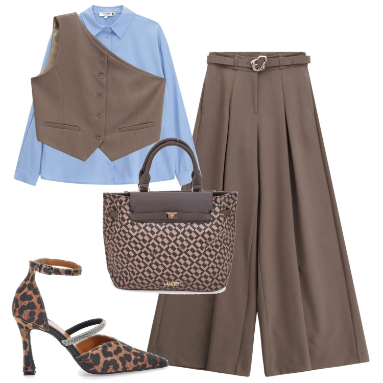 Outfit donna - City. Stile Urban per Tutti i giorni. Abbinamento con camicie, gilet, pantaloni, décolleté, borse a mano.