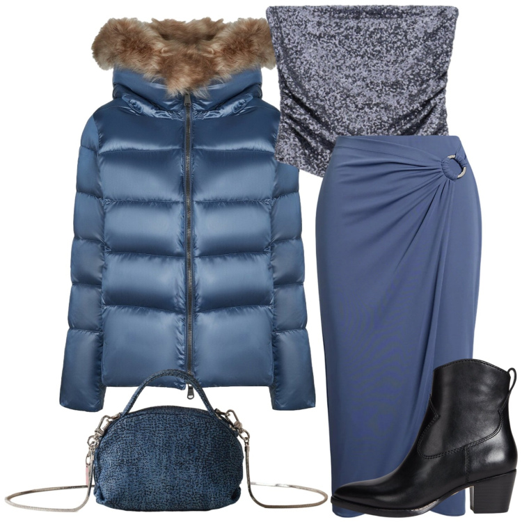 Outfit donna - Blu natalizio. Stile Glamour per Serata fuori. Abbinamento con top, borse a mano, gonne, stivaletti, piumini.